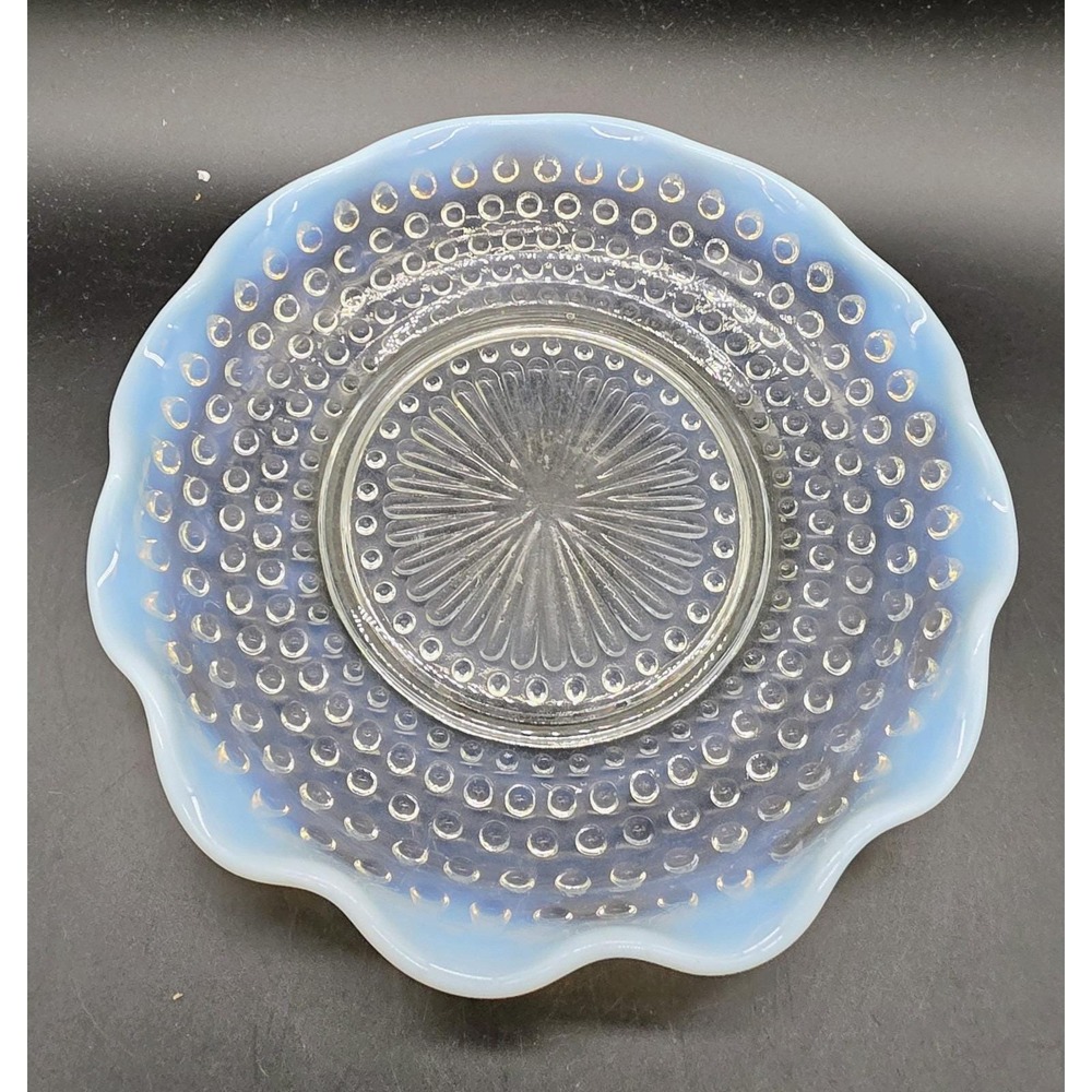 Vintage Anchor Hocking Ruffled Moonstone Hobnail Opalescent Candy Dish 8"